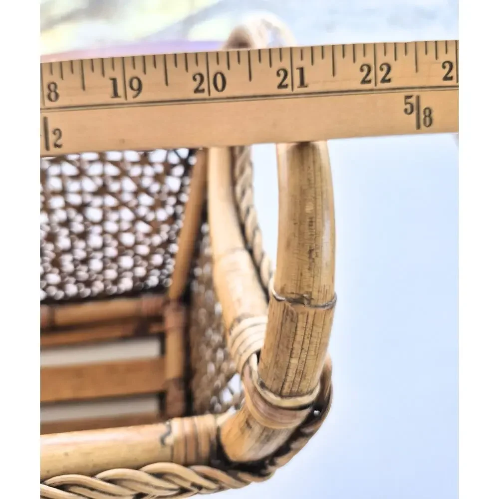 Vintage Rattan Woven Wicker Basket Magazine Rack 1960s Cottage Cabin Handles